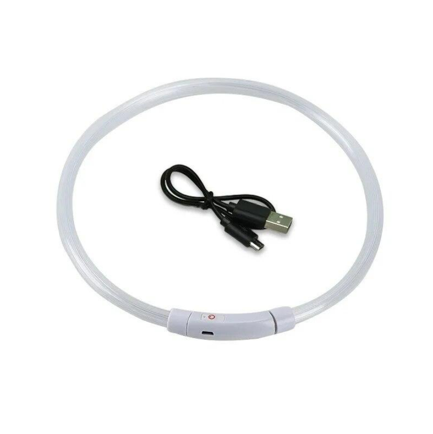 Zgarda cu LED, Zola®, pentru caini/ pisici, incarcare prin USB, 3 moduri de iluminare, din cauciuc, rezistenta la apa, lungime 47 cm, abilitate de a se scurta, alba Zgarda cu LED, Zola®, pentru caini/ pisici, incarcare prin USB, 3 moduri de iluminare, din cauciuc, rezistenta la apa, lungime 47 cm, abilitate de a se scurta, alba